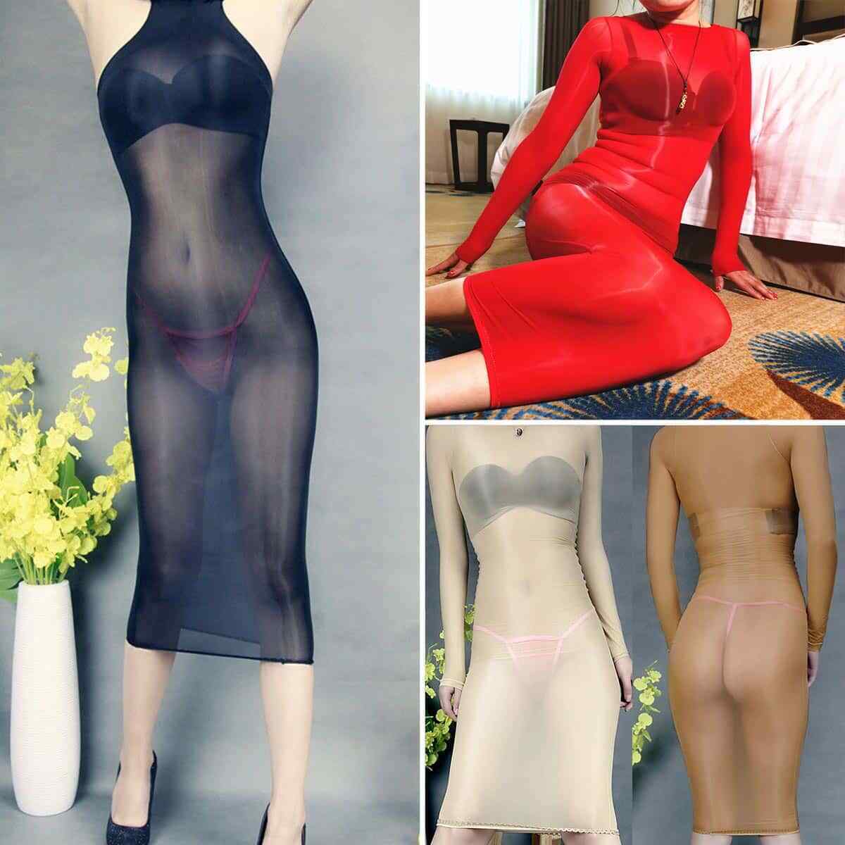 Womens Shiny Glossy High Elastic See-through Bodycon Long Dress Nylon Slim Dress