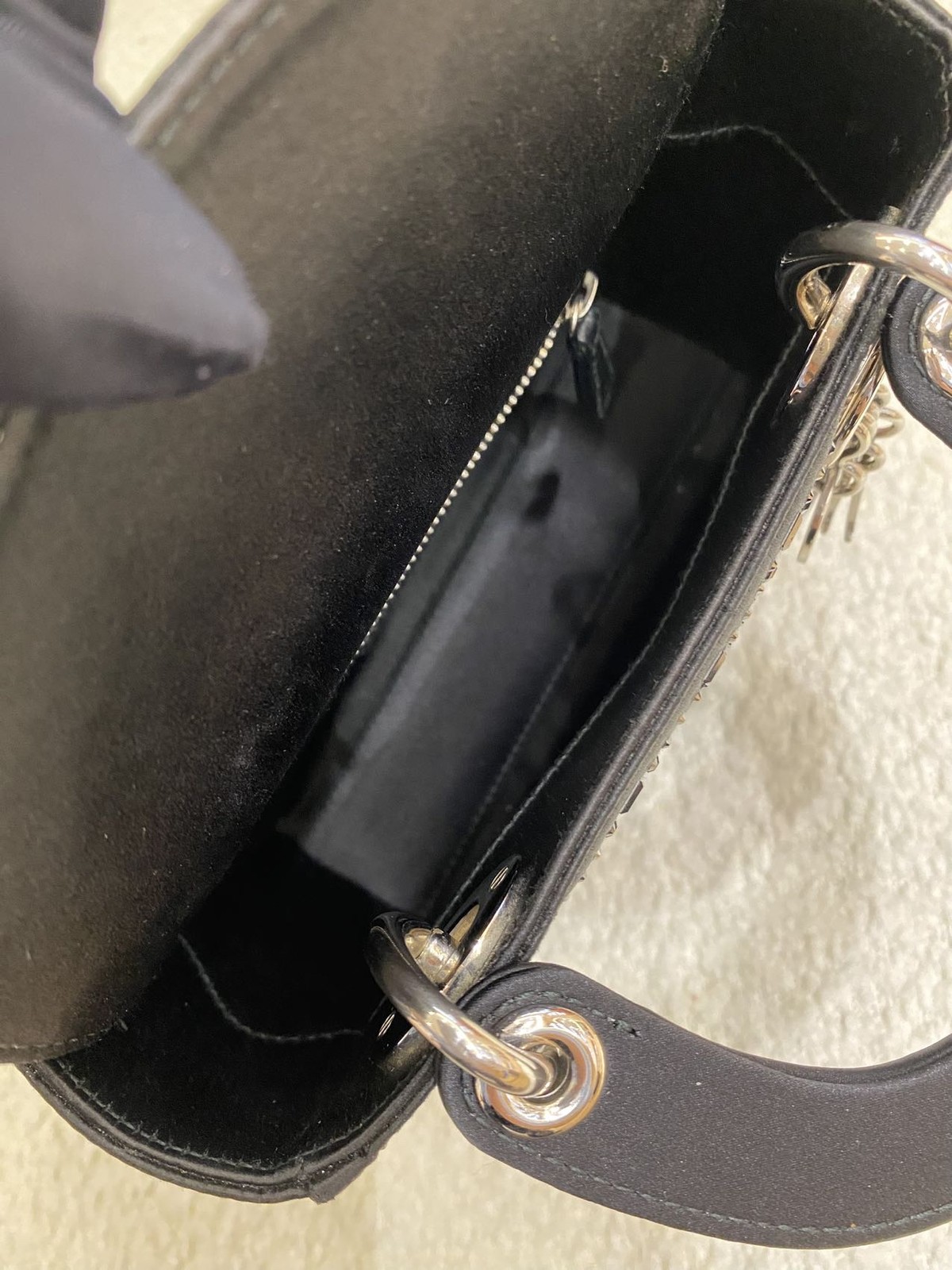 Dior Lady Dior Mini Black Satin Rhinestone 3-Grid Top Handle Bag Duty Paid