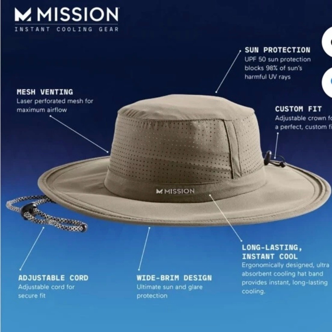MISSION Cooling UPF Boonie Hat 3” Wide Brim Adjustable Fit – Sweat Activated 💦