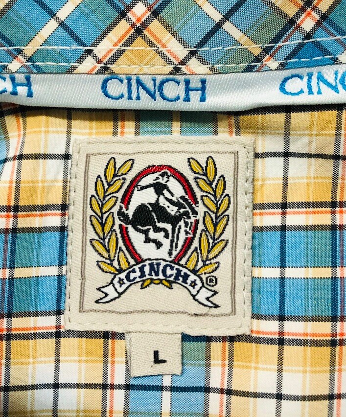 Cinch Western Shirt Mens Large Blue Plaid Long Sleeve White Logo Ferrini Logo