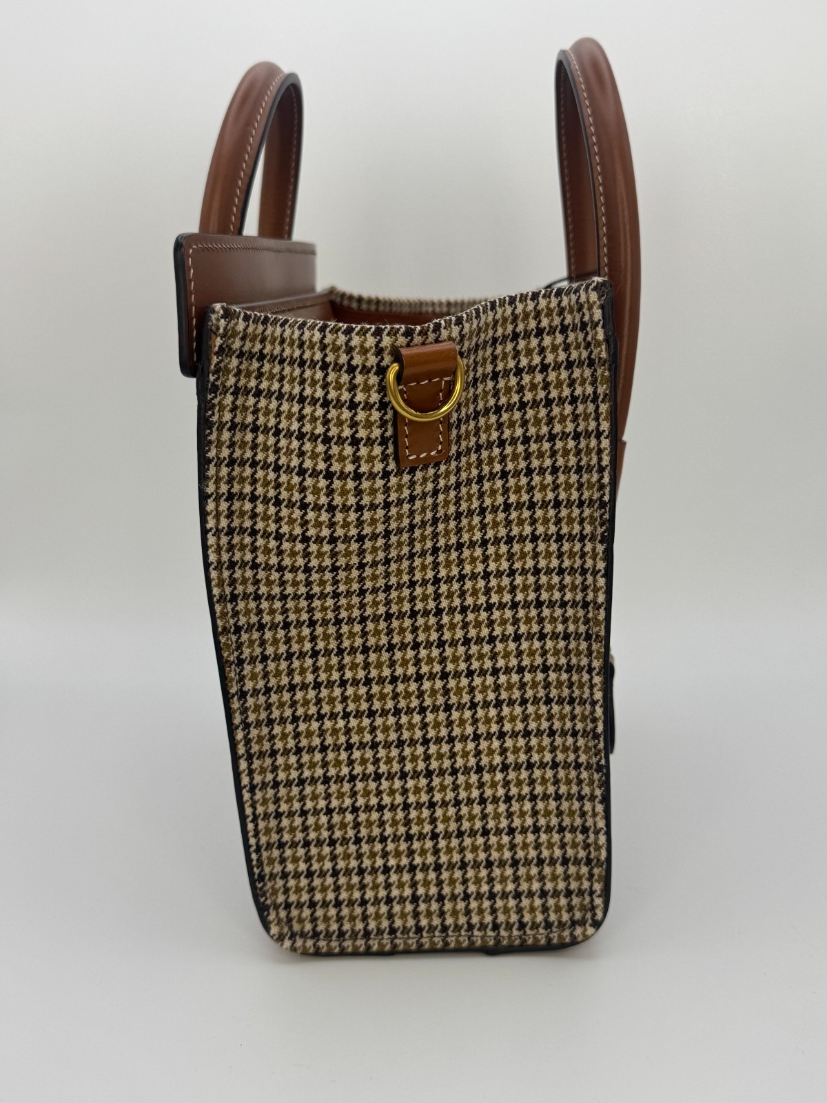 Celine Luggage Nano Tote Houndstooth Tweed & Tan Leather Top Handle Shoulder
