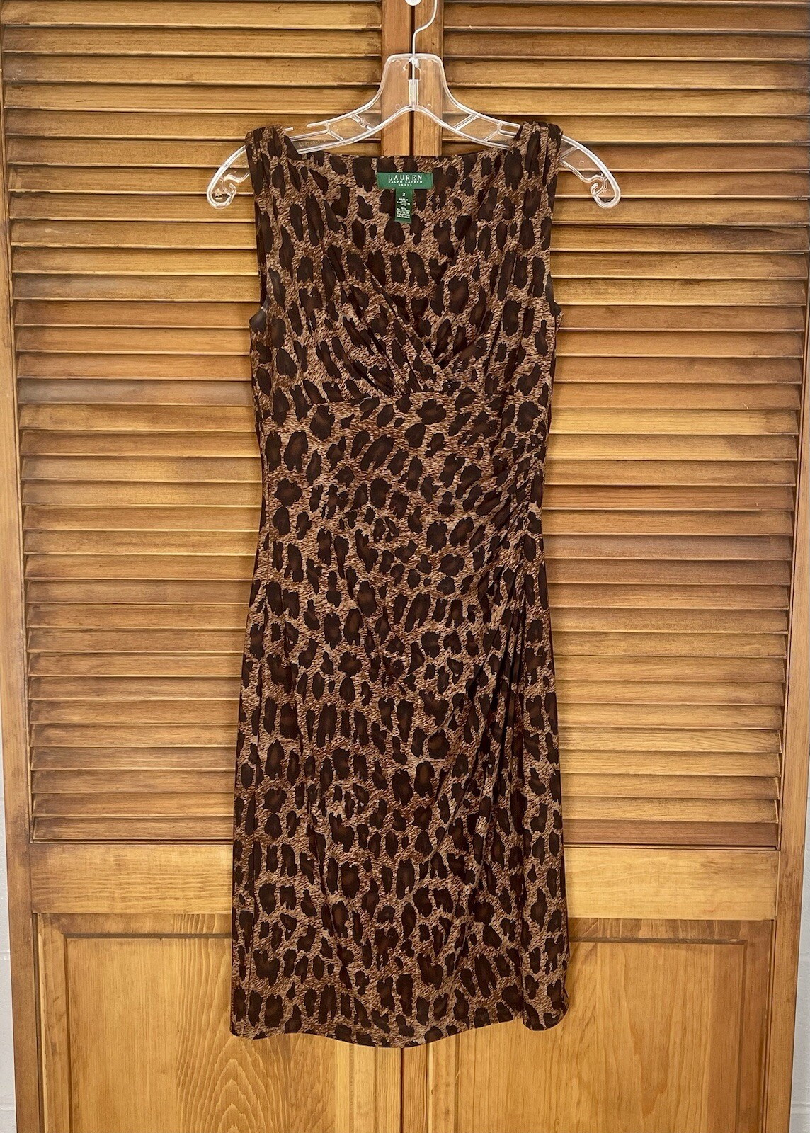 RALPH LAUREN Leopard Print Sleeveless Jersey Knit Dress Faux Wrap Vneck Sz 2