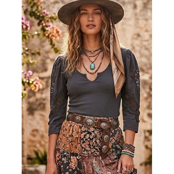 Free People Charcoal Grey Crochet Eyelet Lace Puff Sleeve Top XL OB1141755
