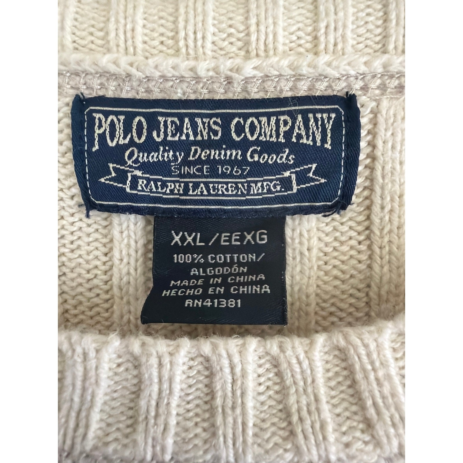 Vintage 90s Y2K Polo Jeans Co Ralph Lauren Cream Cotton Rib Knit Sweater XXL