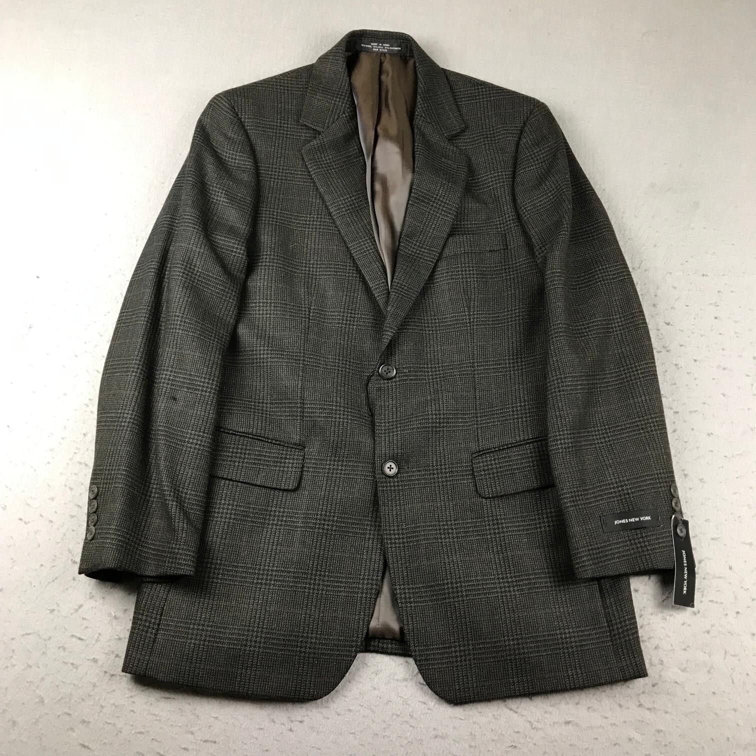 Jones New York Blazer Mens 38R Green Wool Silk Cashmere Plaid Button Up NWT