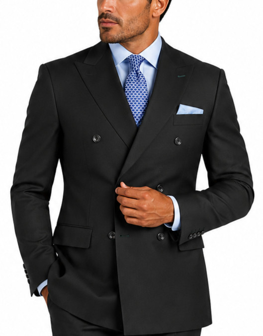 Black VINCI Solid Color Double Breasted Classic Fit Men Suit Elastic Waist