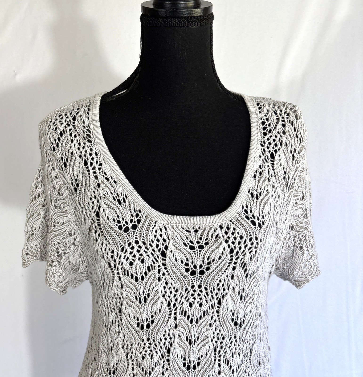Jeanne Pierre Open Knit Sweater Large Gray Crochet Tunic Light Beach Coverup