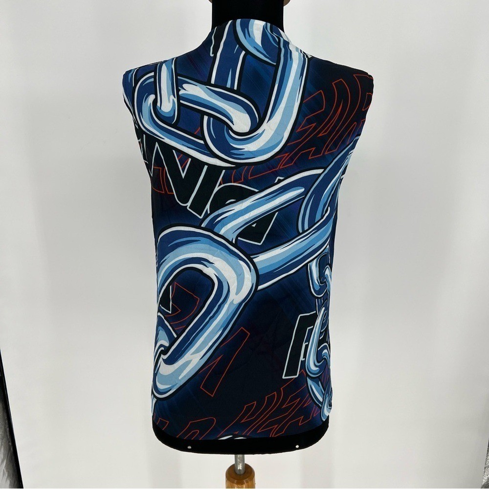 PINKO Logo Chain Print Blue White Sleeveless Tie Bow Blouse US 2