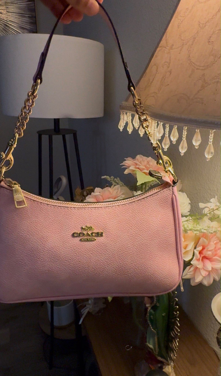 Coach Pink Logo Small Crescent Shoulder Bag Gold Chain Strap Zip Hang Tag