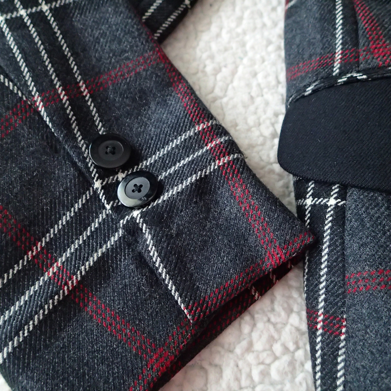 CLASSIQUES ENTIER sz M,TOP,BLAZER, tweed charcoal white red black plaid wool ar
