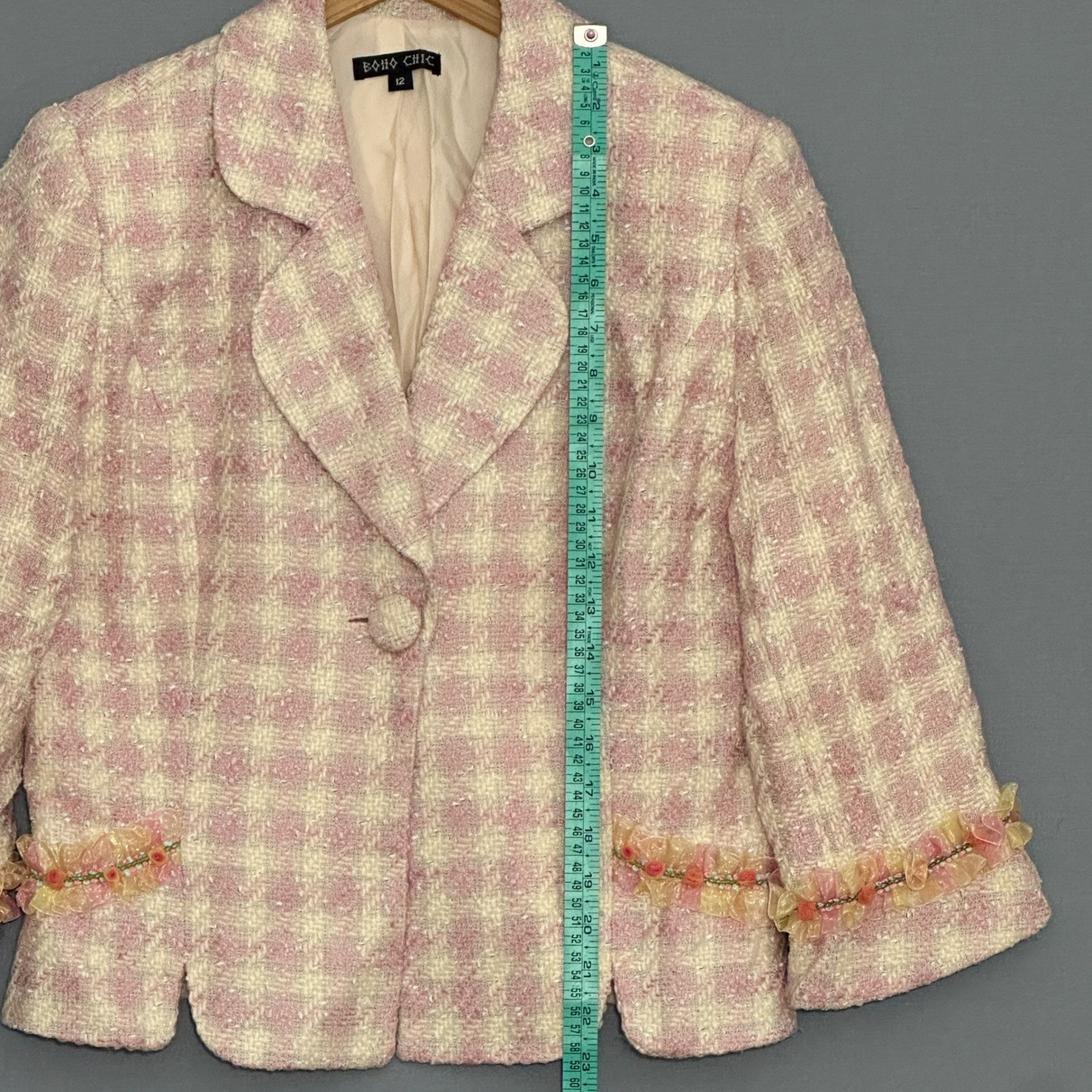 Boho Chic Womens Jacket 12 Pastel Pink Tweed Ribbon Ruffle Feminine Coquette