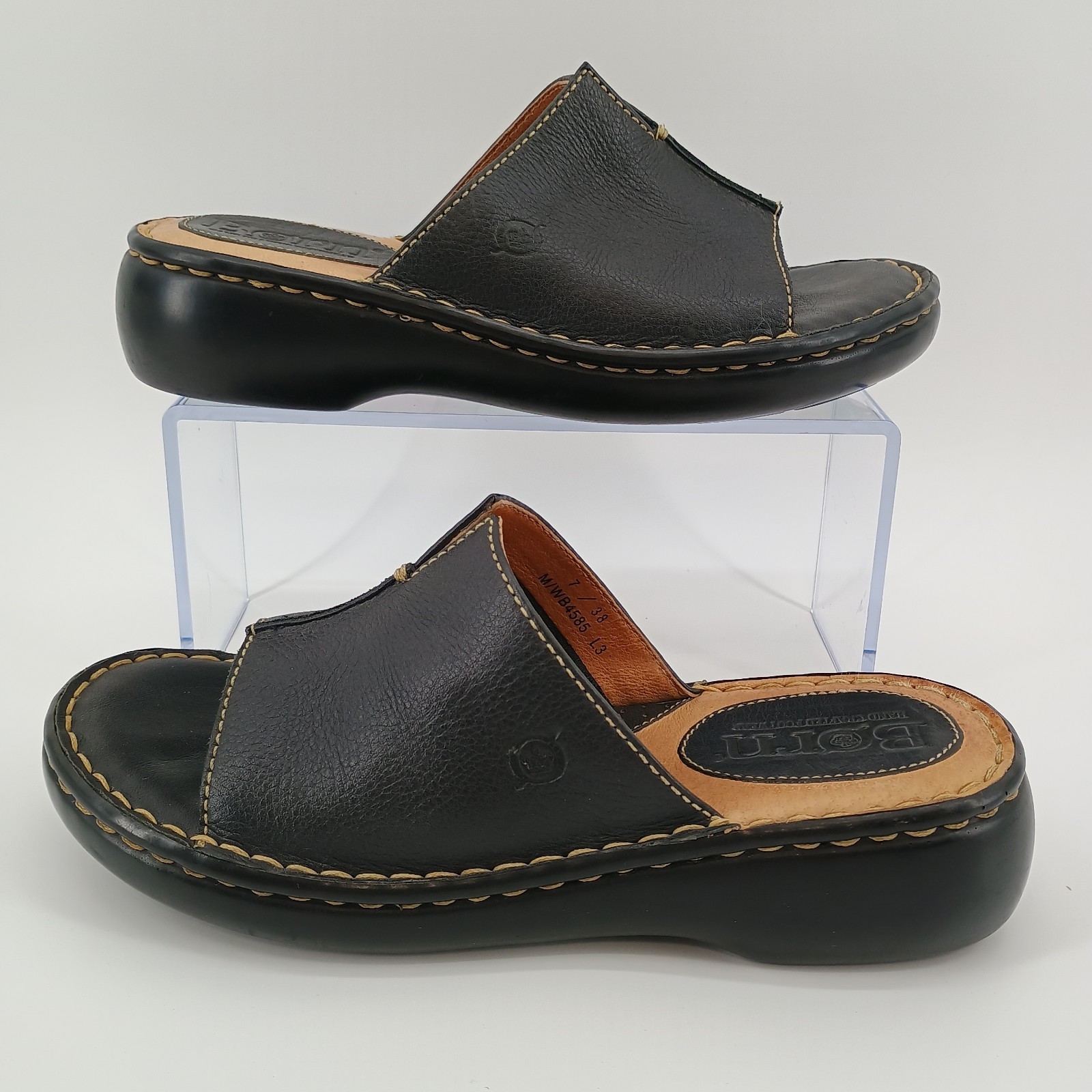 Børn Women’s Leather Slide Sandals 7 M Black Comfort Wedge B4585