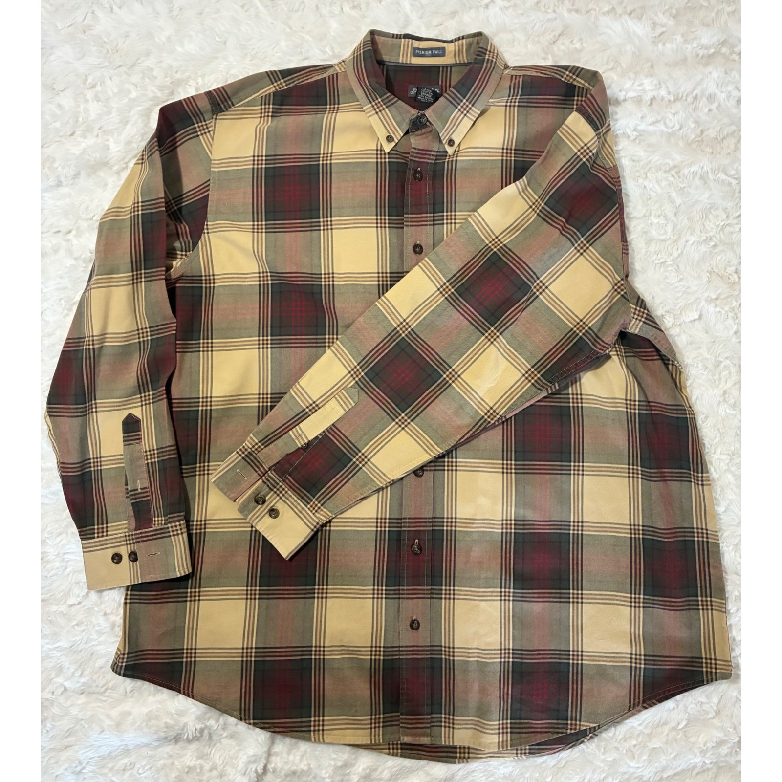St Johns Bay Mens 2XLT Tall Premium Twill Plaid Button Down Shirt Tan Green 2XL