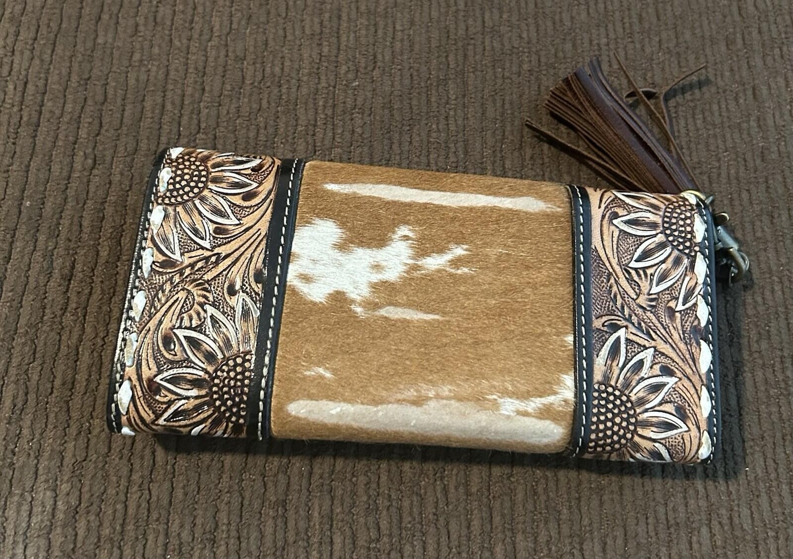 Myra Bag Sandstone Trail Wristlet Wallet Tooled Leather Sunflower Cowhide