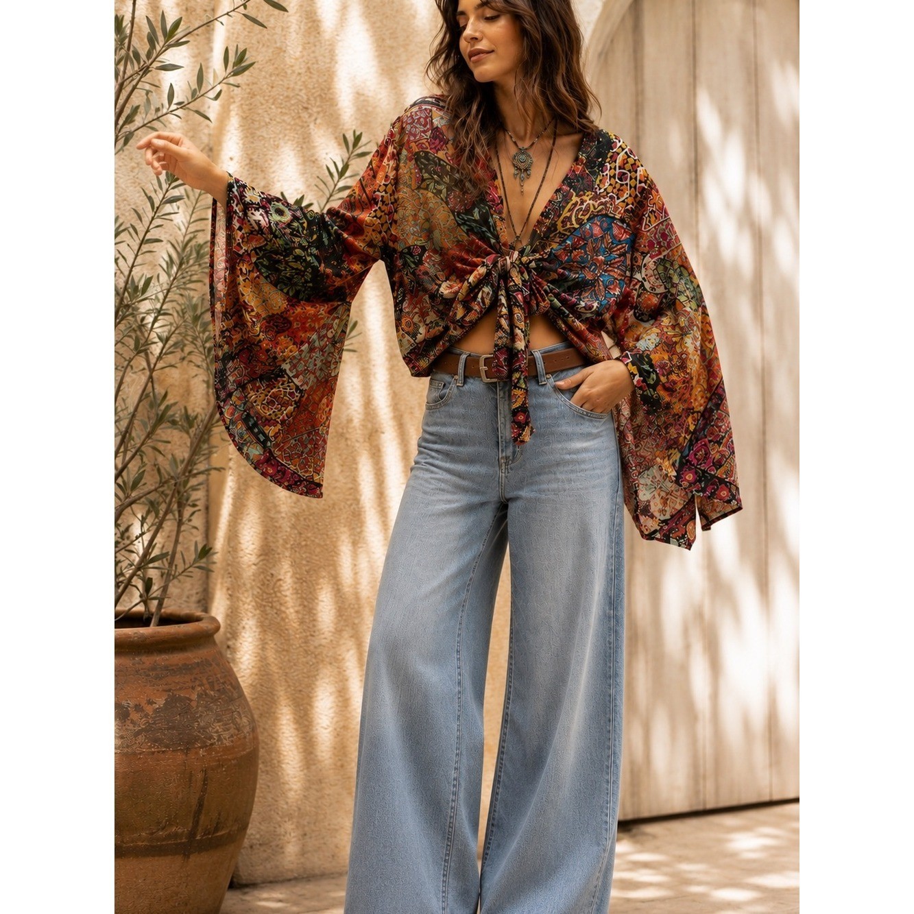 100% Silk Boho Tie Front Crop Top Bell Sleeve Floral Patchwork One Size