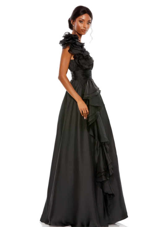 MAC DUGGAL 48856 Black Ruffle Shoulder V-Neck Empire Waist Maxi Ball-Gown 2 = XS