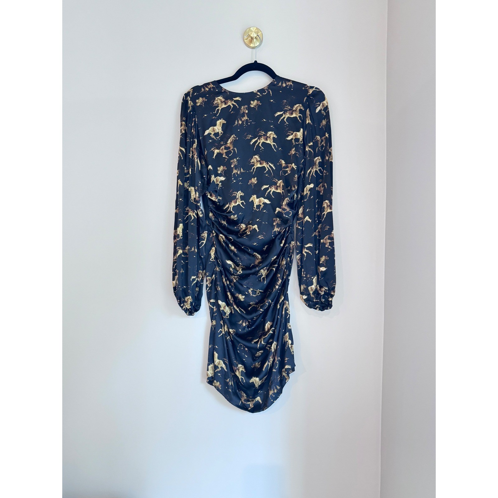 Ganni Horse Print Silk Stretch Ruched Mini Dress Black Gold Size 36 US 4 6131