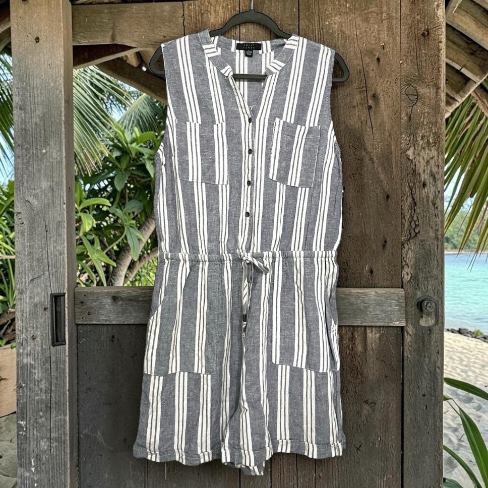 NWT Linen Blend Romper Womens Large Blue White Stripe Drawstring Summer Vacation
