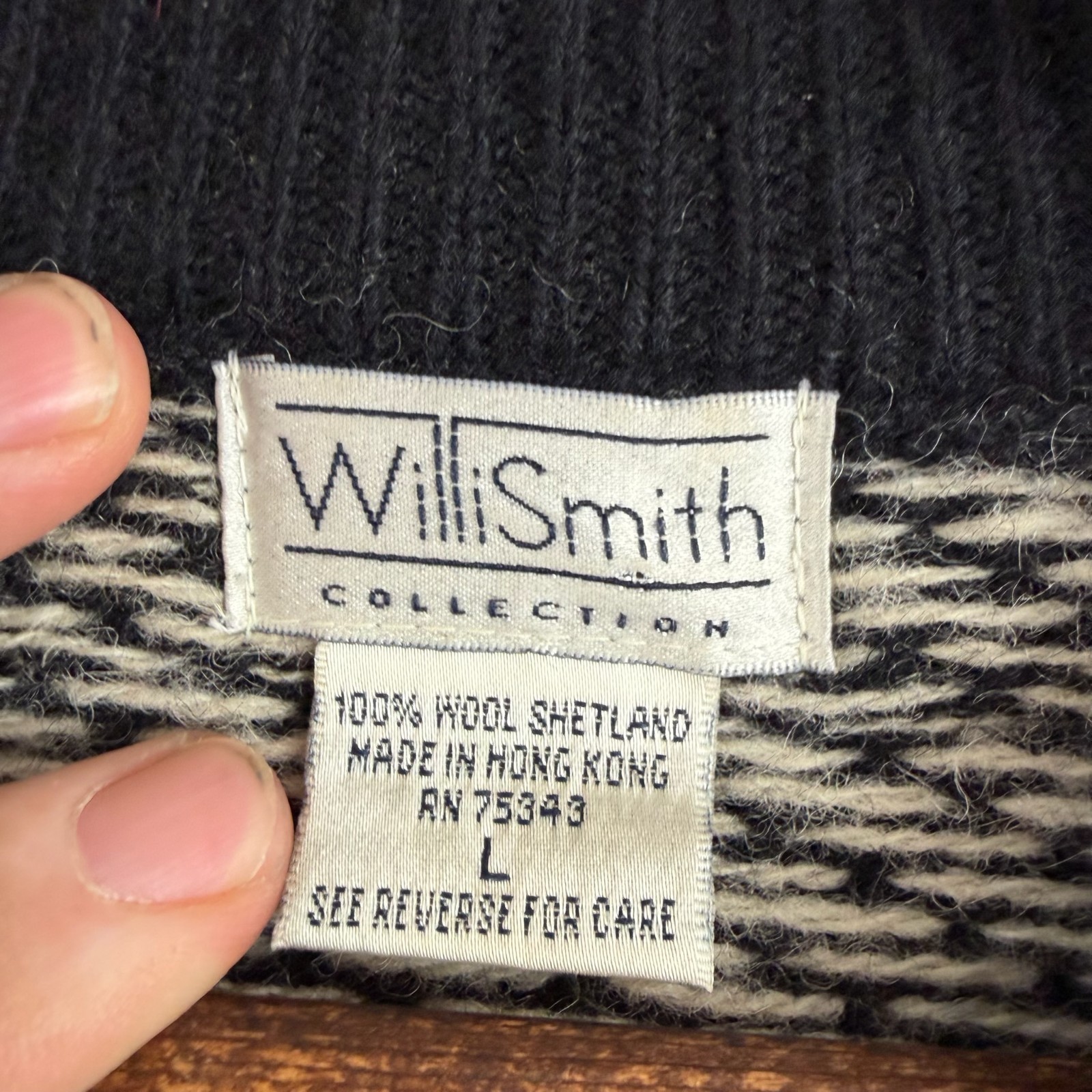 VTG Women Willi Smith Black Fair Isle Shetland Wool Cardigan Sweater Size Large