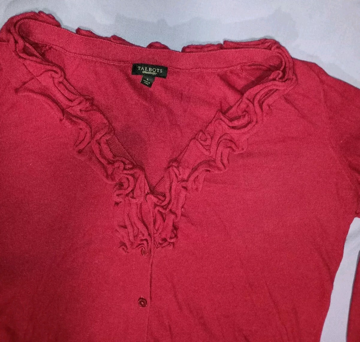 Talbots Large L Crimson Ruffled V-Neck Wool Blend Blouse Cottagecore Red