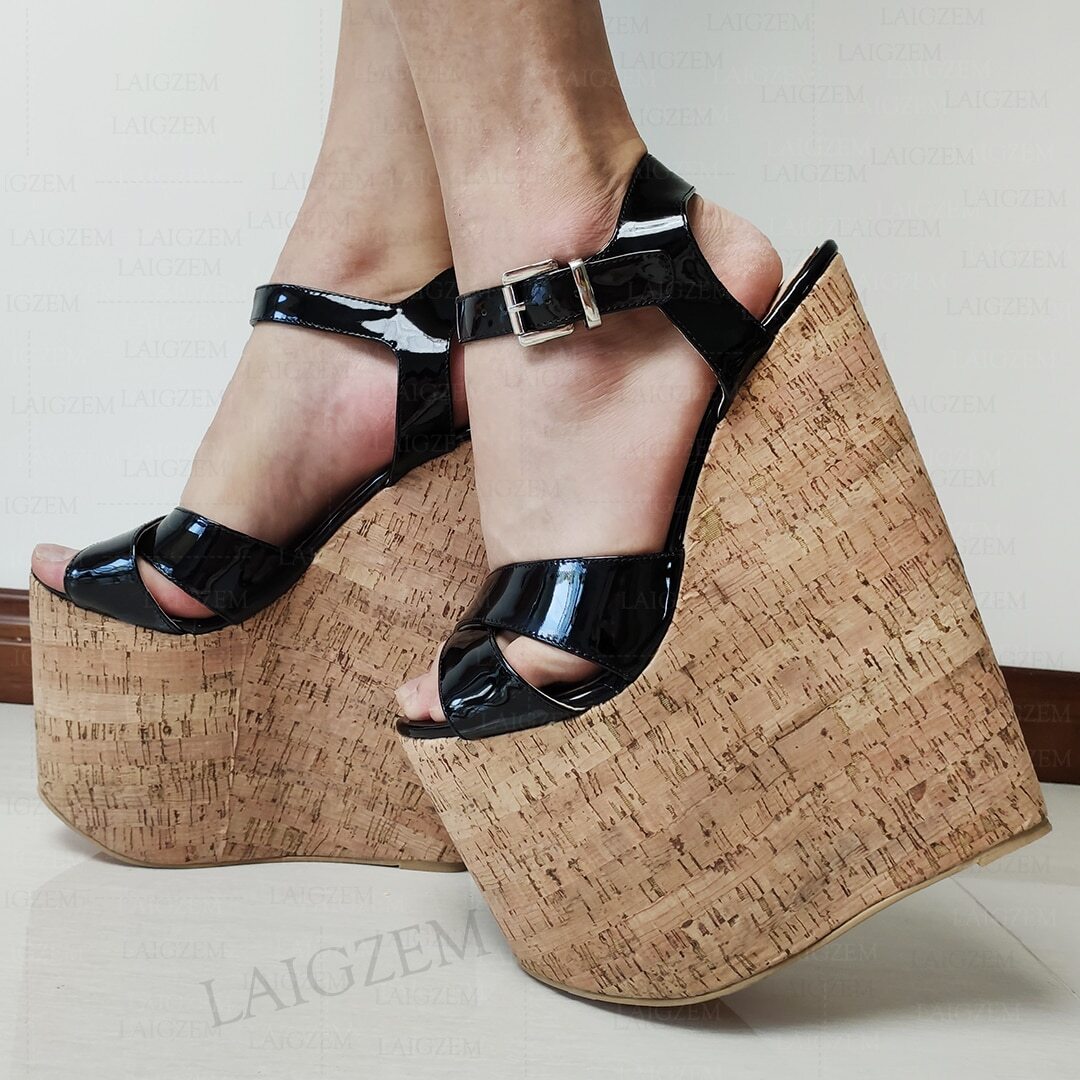 Women Pumps Platform Wedges Open Toe Shiny Ankle Strap 22CM High Heels Ladies