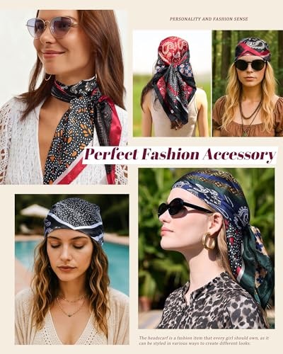 35.5” Large Square Satin Scarf for Hair – 4Pcs Printed Like Silk Head Scarf
