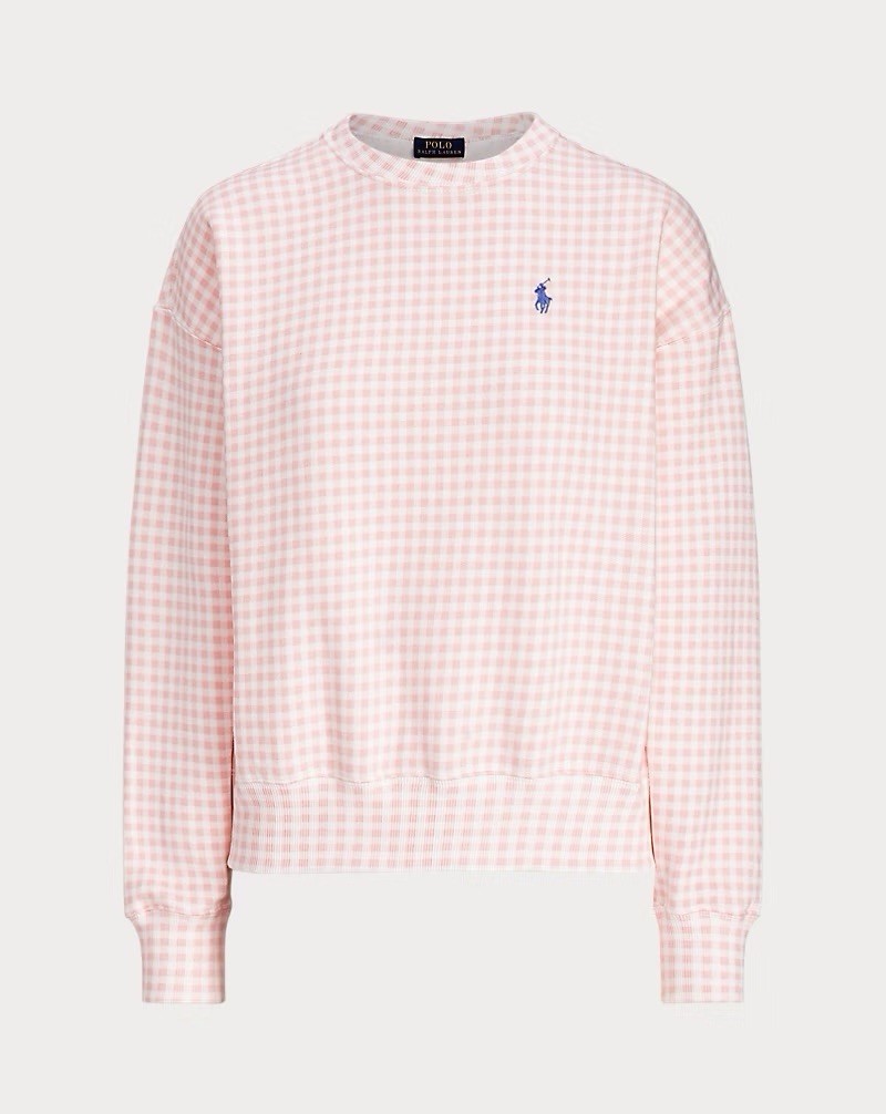 Polo Ralph Lauren Gingham Fleece Sweatshirt Pink White XL Lightweight