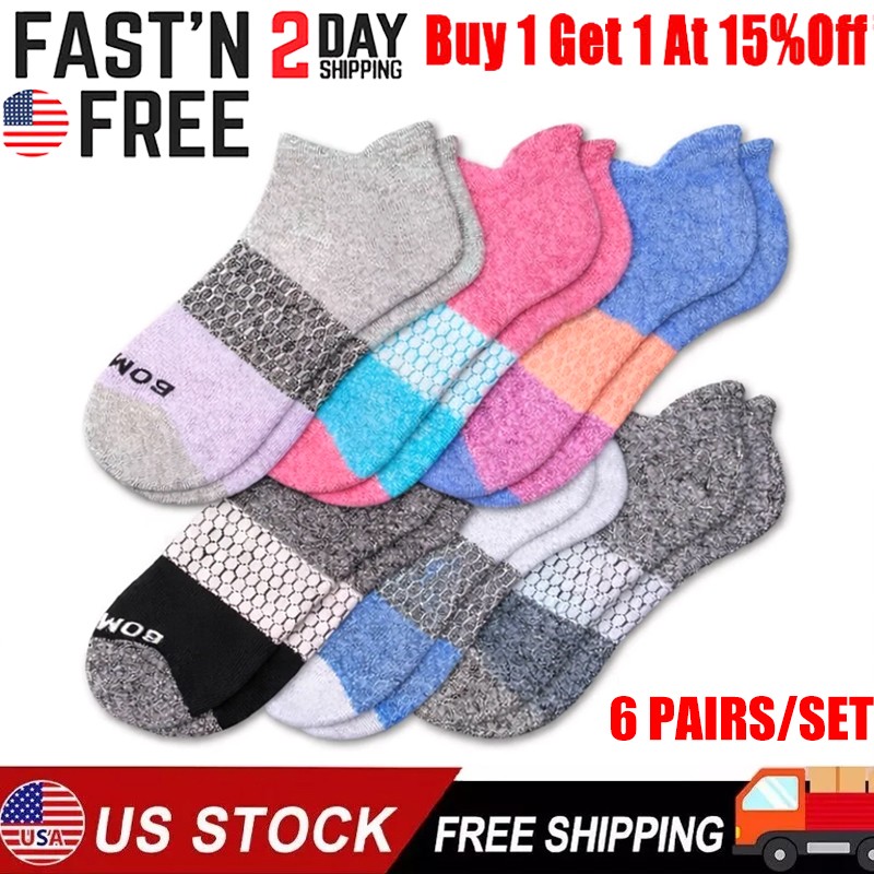 6 Pair Bombas Women’s Adults Tri-Block Marl Ankle Sock 6 Color Select Size M US