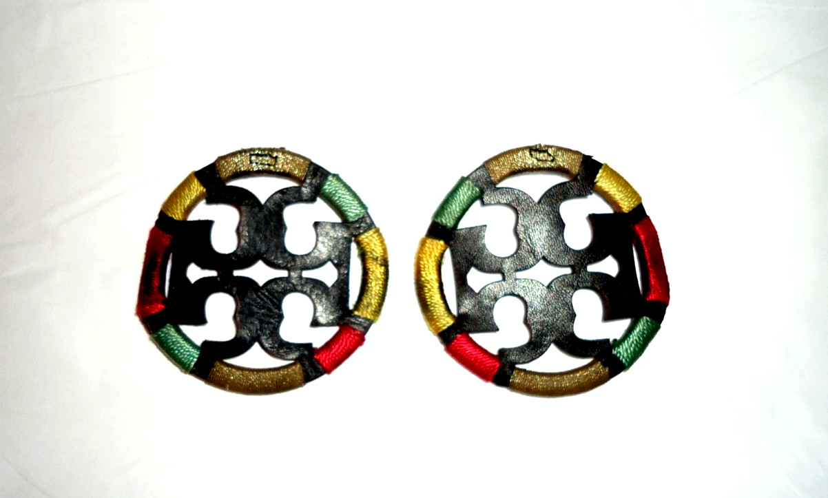 Authentic Tory Burch Emblem Logo Leather Black Colorful Accents Size-2.8 in