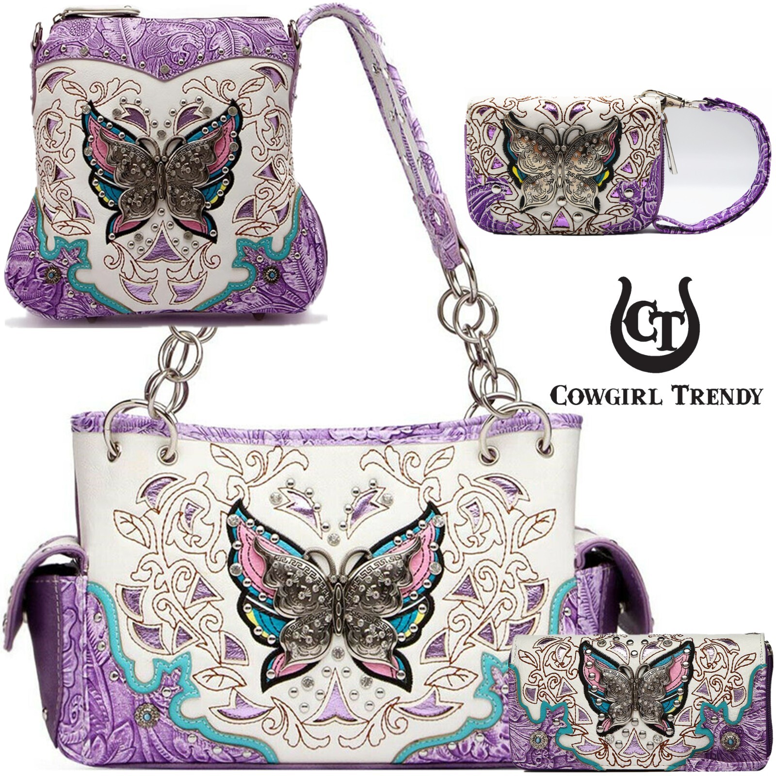 Butterfly Handbag Western Purse Women Shoulder Bag Crossbody Wallet Set Purple