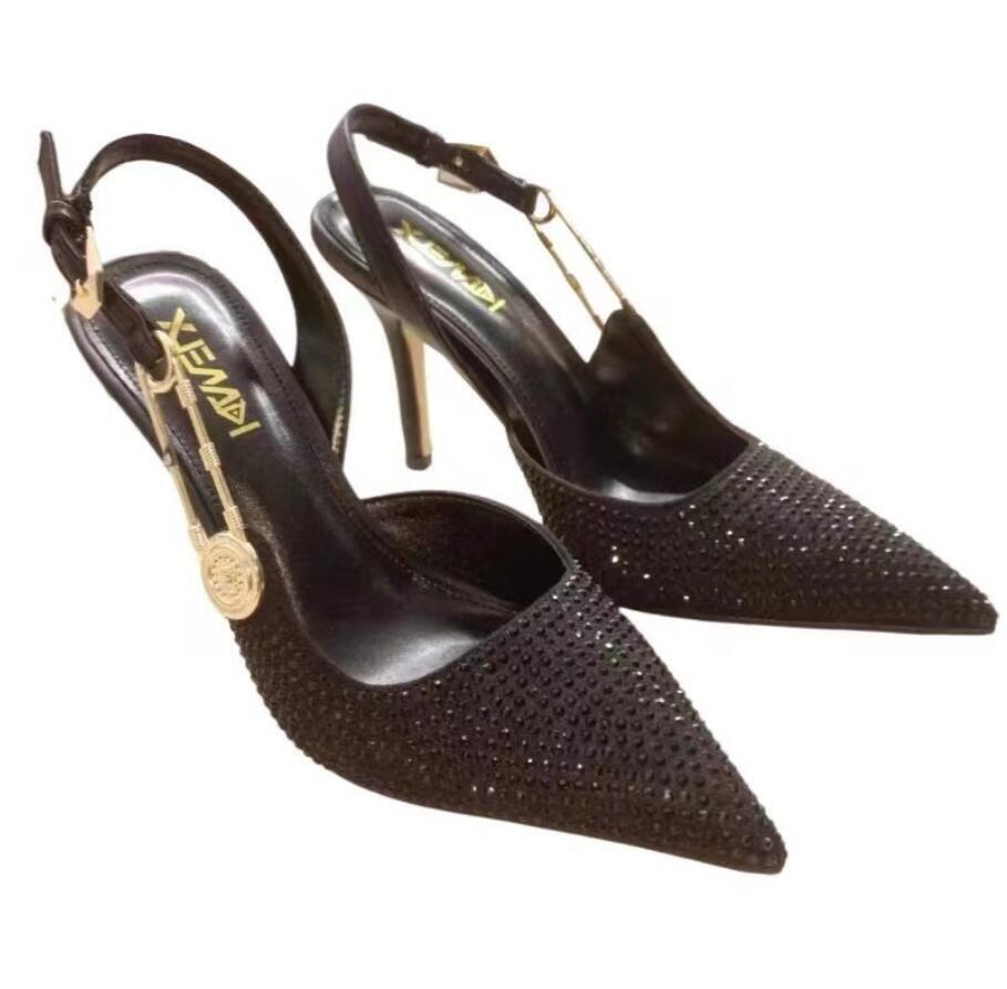 Women’s Metal Decor Pointy Toe Diamante High Heel Slingback Sandal Party Shoes