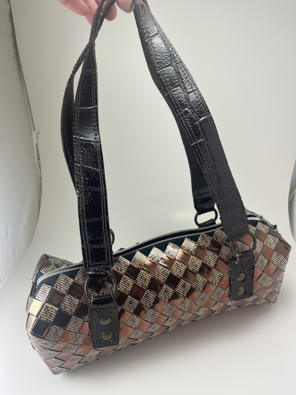 Nahui Ollin candy wrapper purse, mini-duffle shape