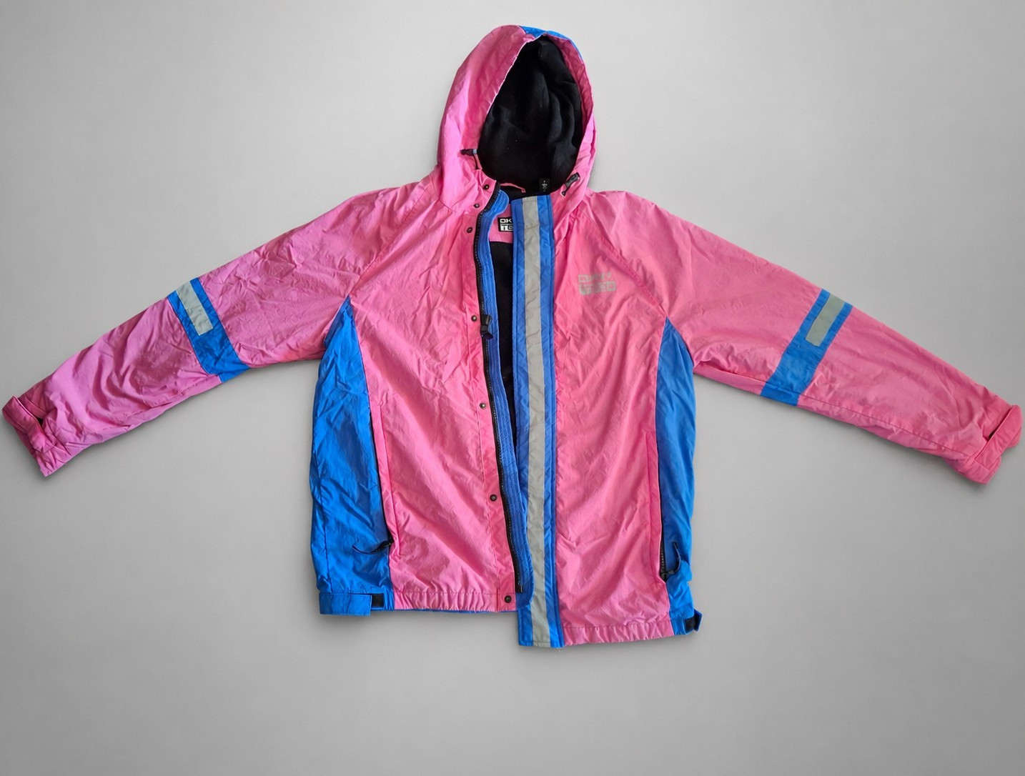 Y2K DKNY Tech Womens Pink Blue Colorblock Hooded Full Zip Jacket Reflective