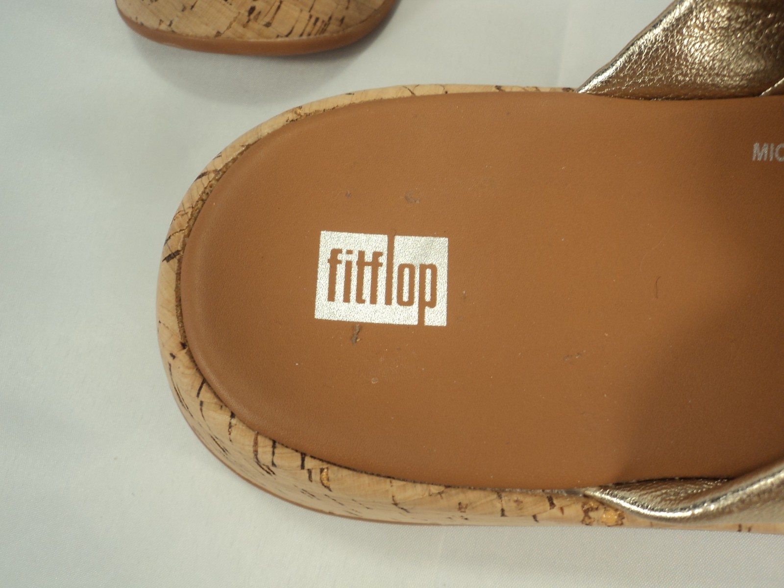 FitFlop F-Mode Leather-Twist Flatform Slides-Cork Wrap in Gold Sz 10 NWOB