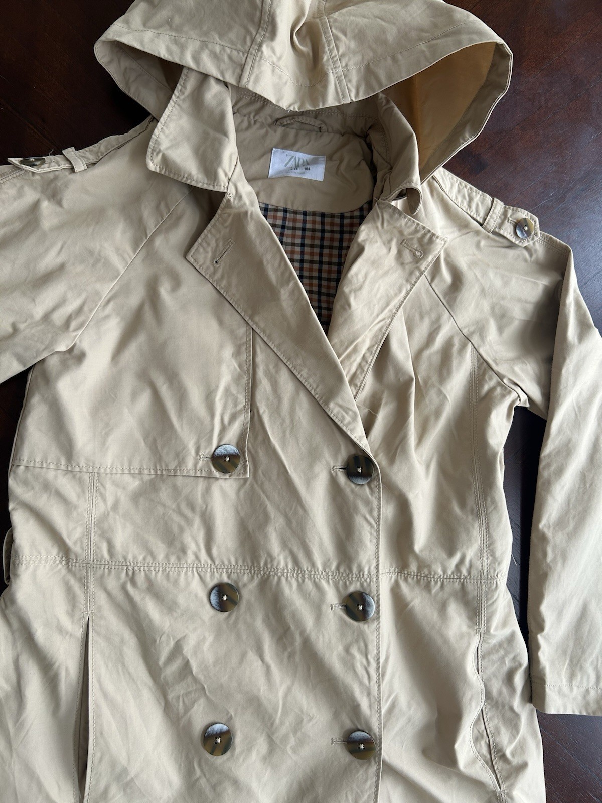 Zara Hooded Double-Breasted Trench Coat in Beige girl size 13-14