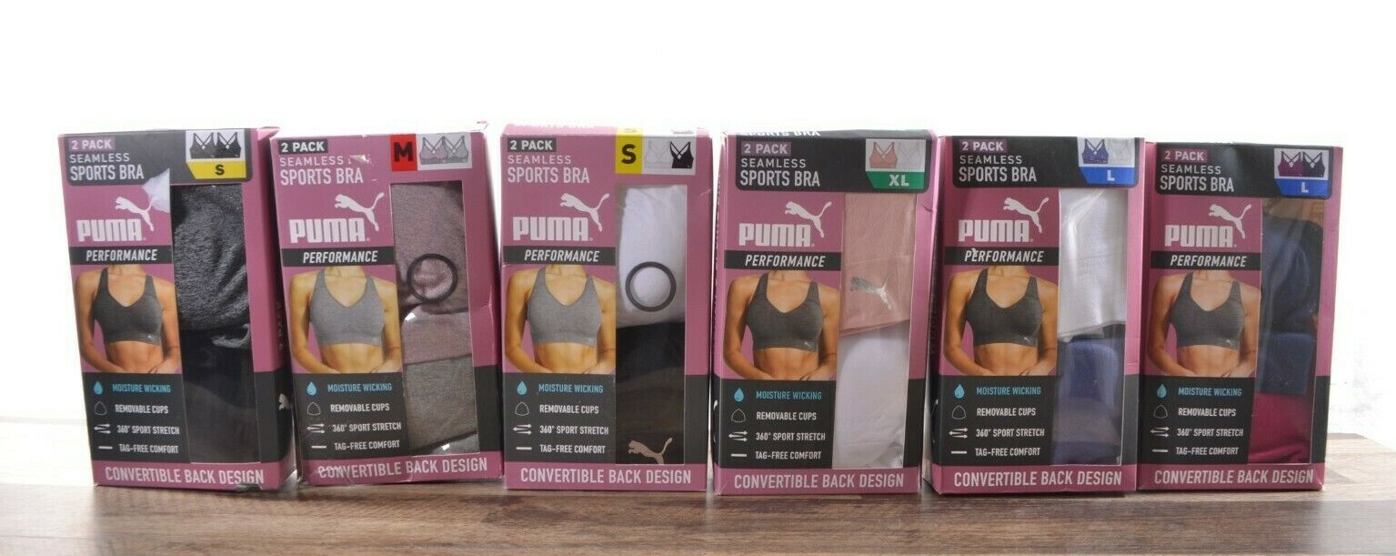 PUMA Performance 2-Pack Seamless Sports Bras Tag-Free S/M/L/XL Moisture Wicking