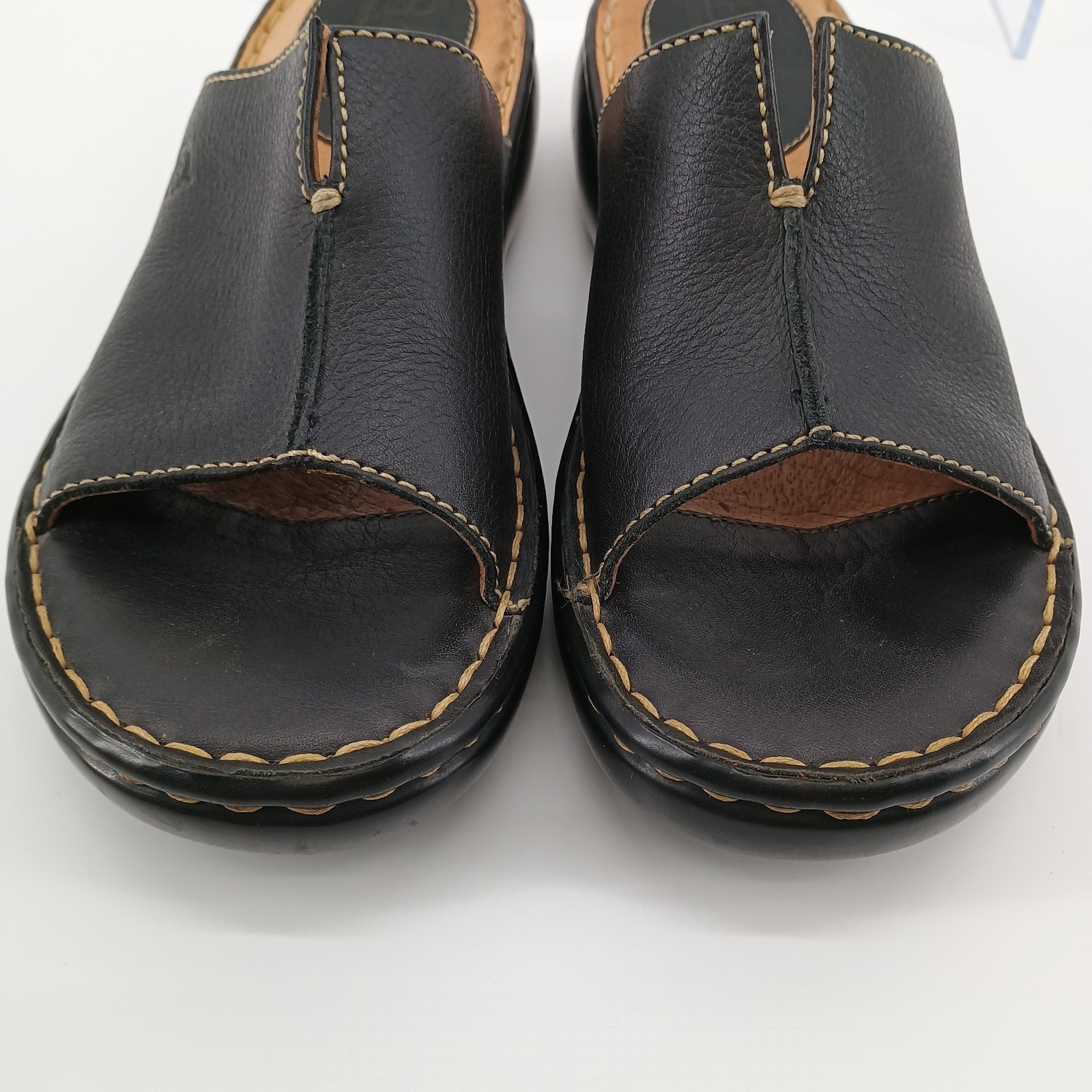Børn Women’s Leather Slide Sandals 7 M Black Comfort Wedge B4585