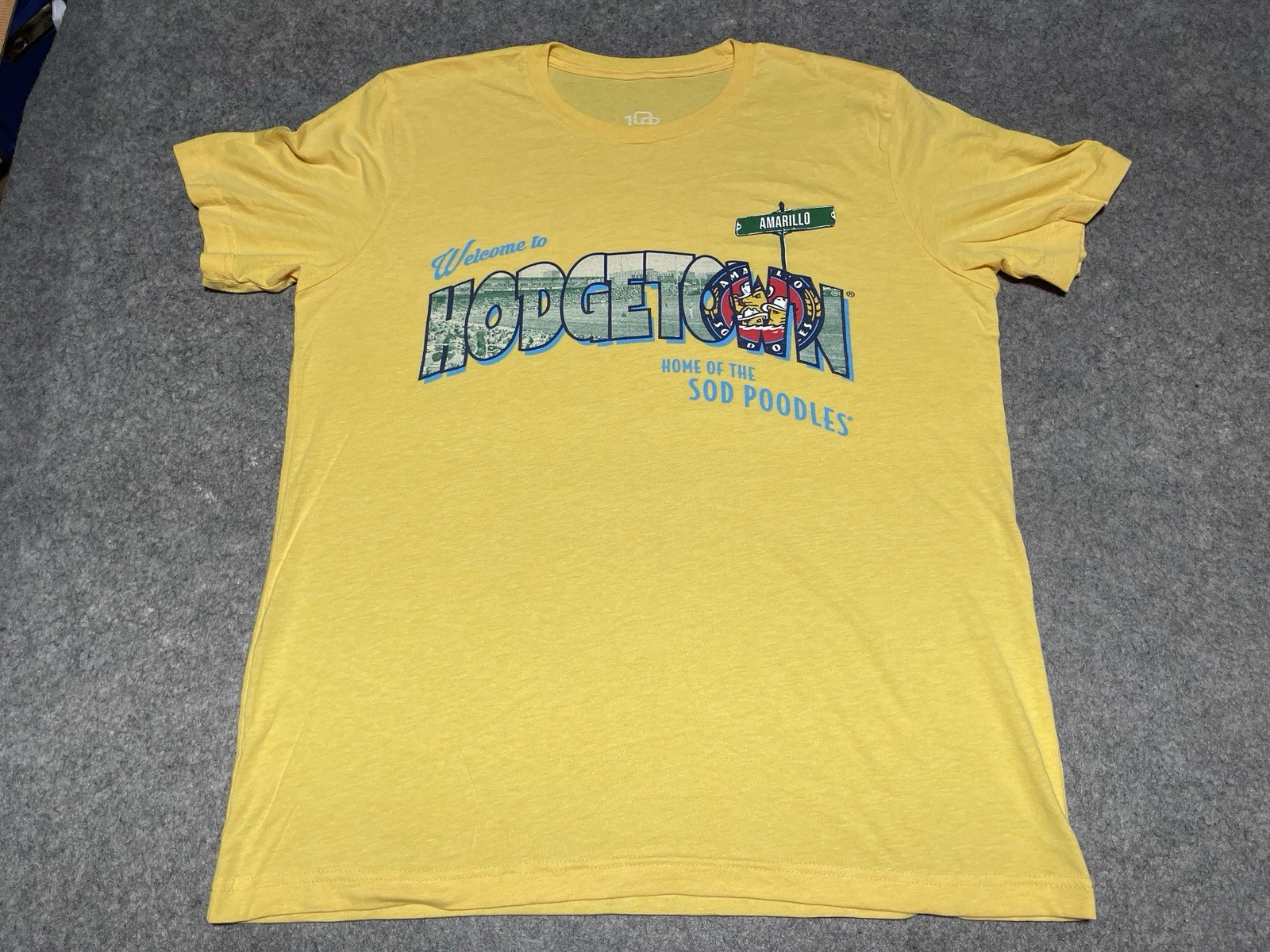 Hodgetown Home ofthe Amarillo Sod Poodles Yellow Shirt Large 108 stitches MiLB