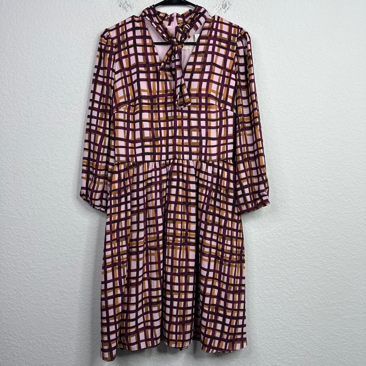 Gal Meets Glam Dress Women US 2 Lindey Plaid Windowpane Tie Neck Business Preppy