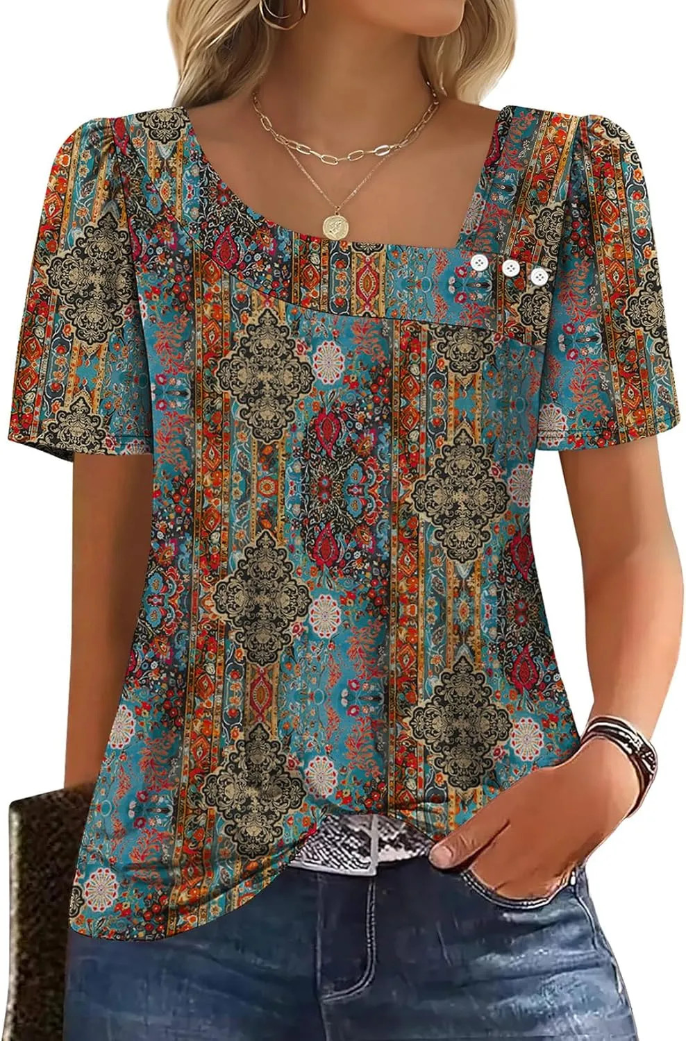 WIHOLL Womens Square Neck Short Sleeve Blouse Summer Casual Top Shirt