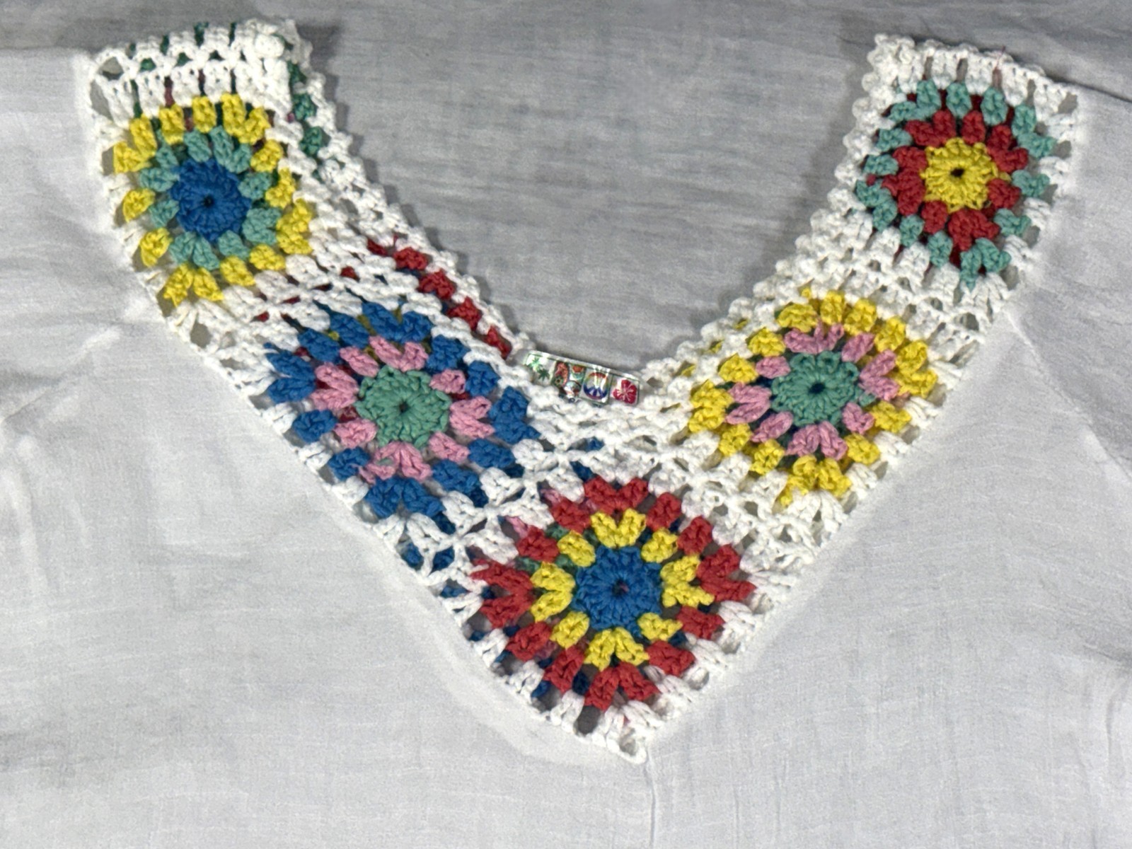 India Boutique Gauze Crochet Granny Square Boho Tunic Beach Cover-Up Top M/L 1SZ