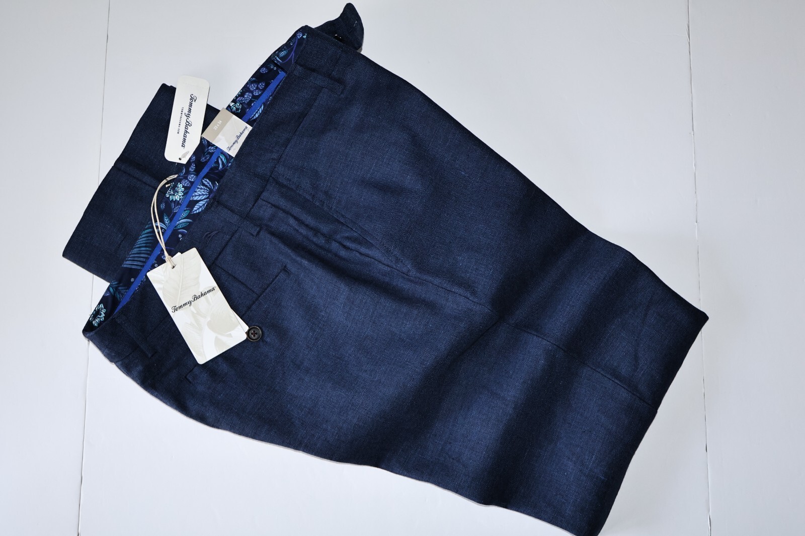 Tommy Bahama Pants Lahaina Bay Flat Front Navy Blue Linen New 32×32 32 Waist