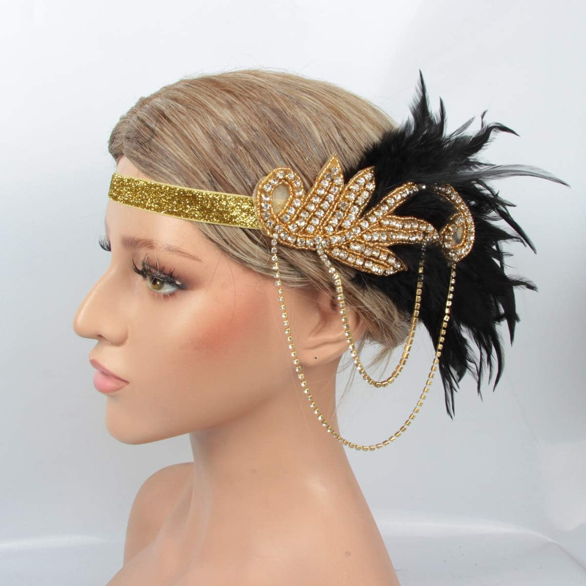 1920S Flapper Headband Roaring Vintage Feather Headpiece Gold Bling Rhinestone 2