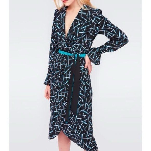 Diane Von Furstenburg Drusilla Black Teal Wrap Midi Dress Womens 8