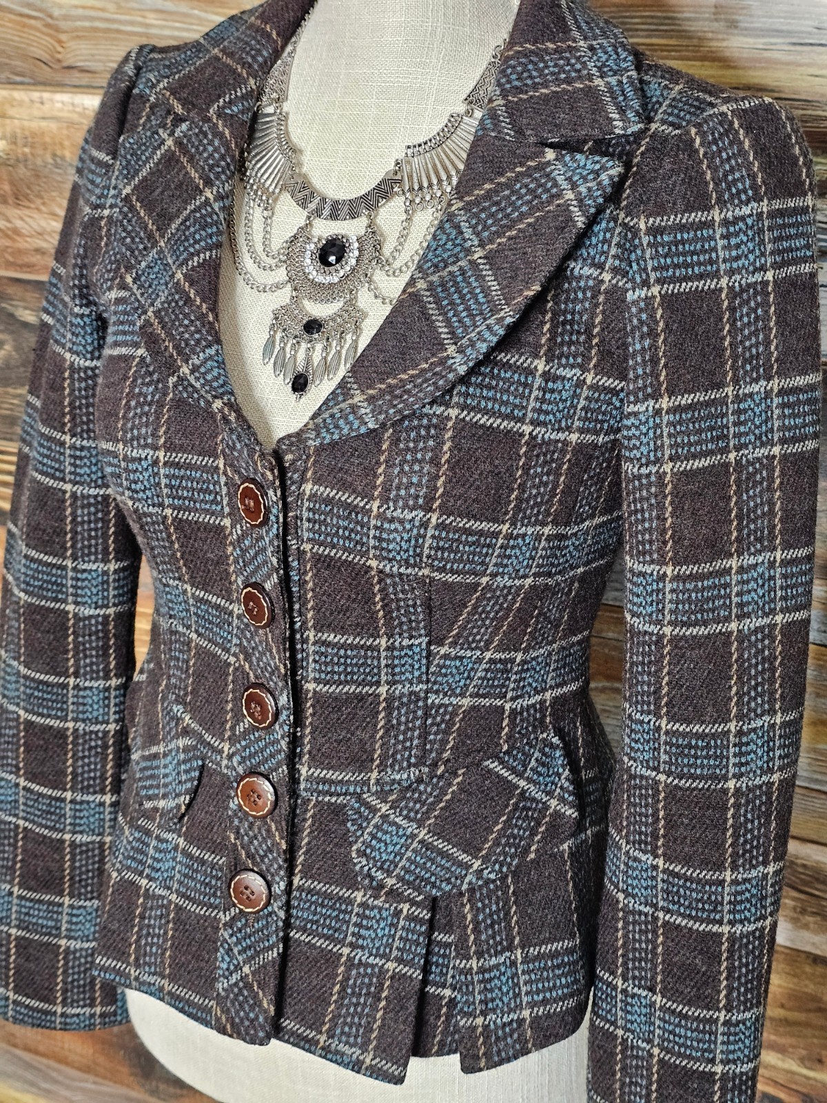 Nanette Lepore Wool Leather Buttons & Sleeve Cuff Rear Ruffles Blazer Jacket 2