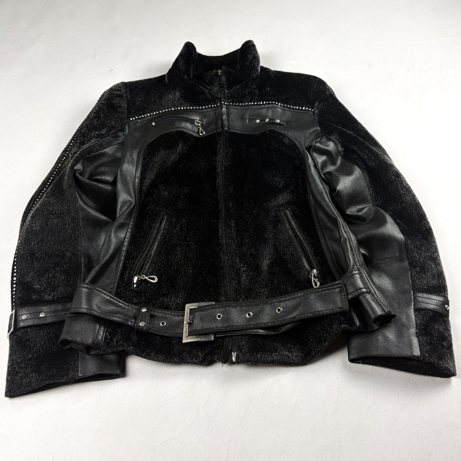 Womens Vintage Hair On Hide Leather Jacket Black Belted Fur Y2K Luxury Outerwear