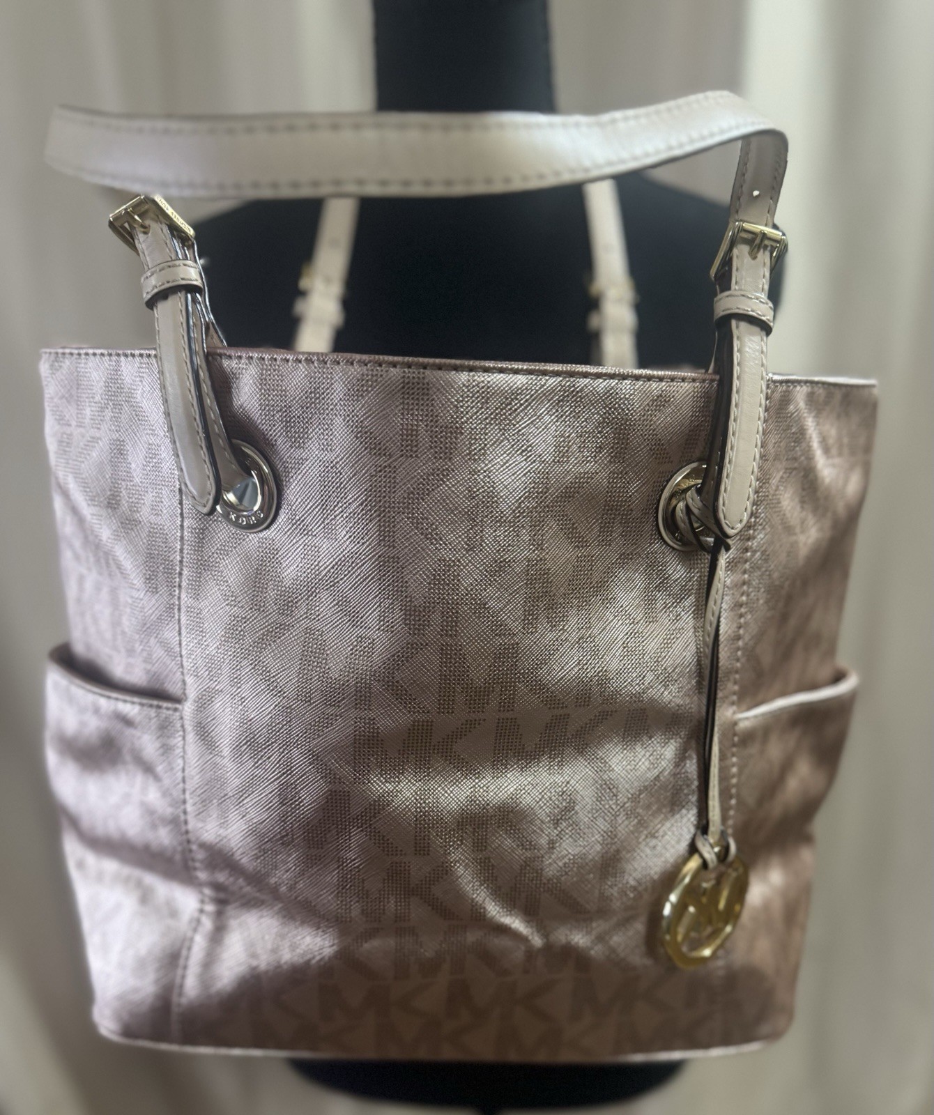 Michael Kors Large Metallic Rose Gold MK Logo Tote Shoulder Bag Gold Hardware