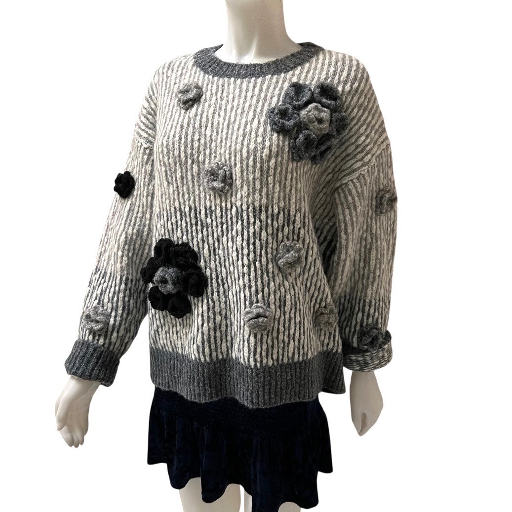 Grannycore Chunky Knit Oversized 3D Crochet Flower Sweater Women Grey Boho Large