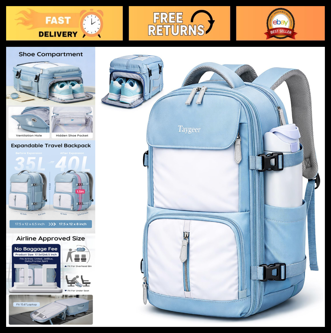 Expandable Travel Backpack with Hidden Shoe Compartment, Fits 15.6″ Laptop, TSA