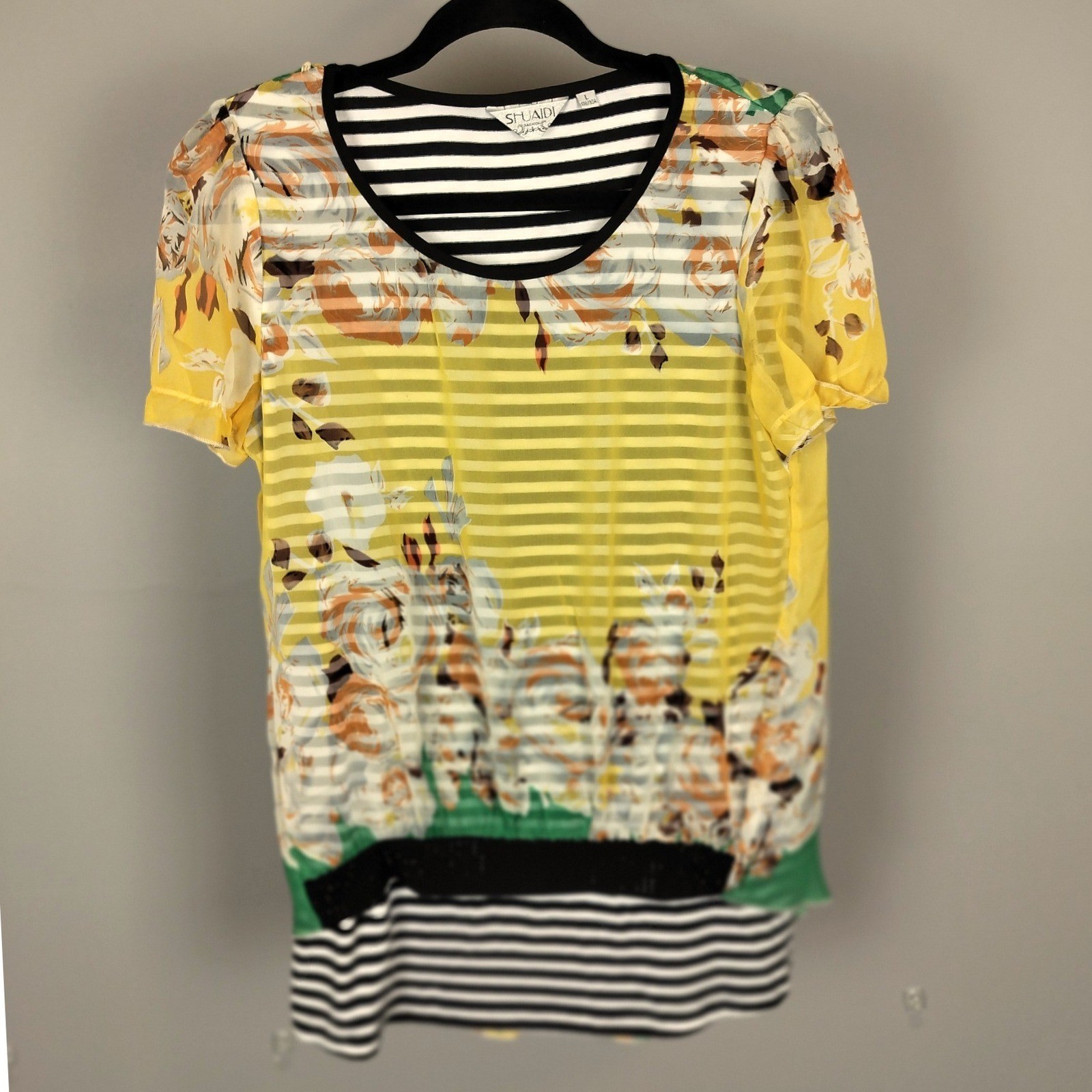 Drape Layered Mixed Media Floral Striped Blouse Yellow Green Short Sleeve
